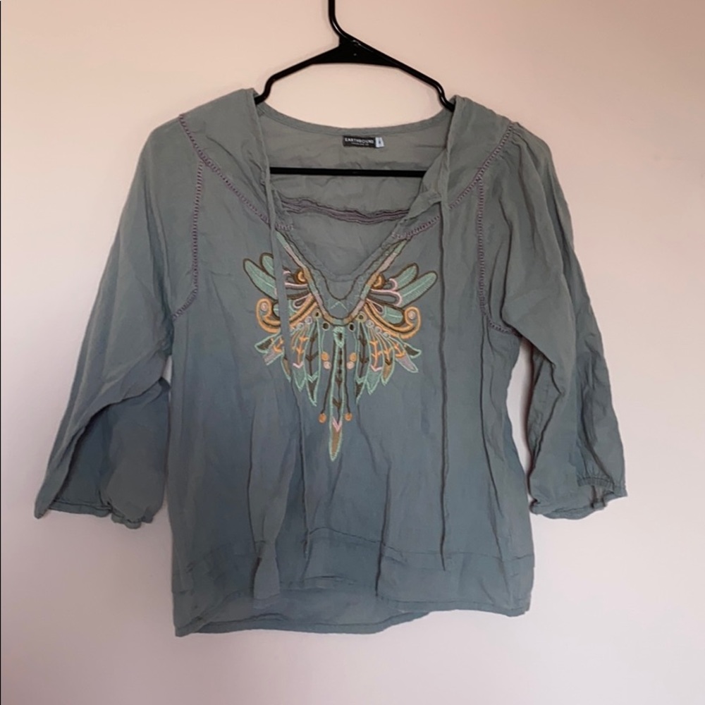 Gray peasant top with embroidery